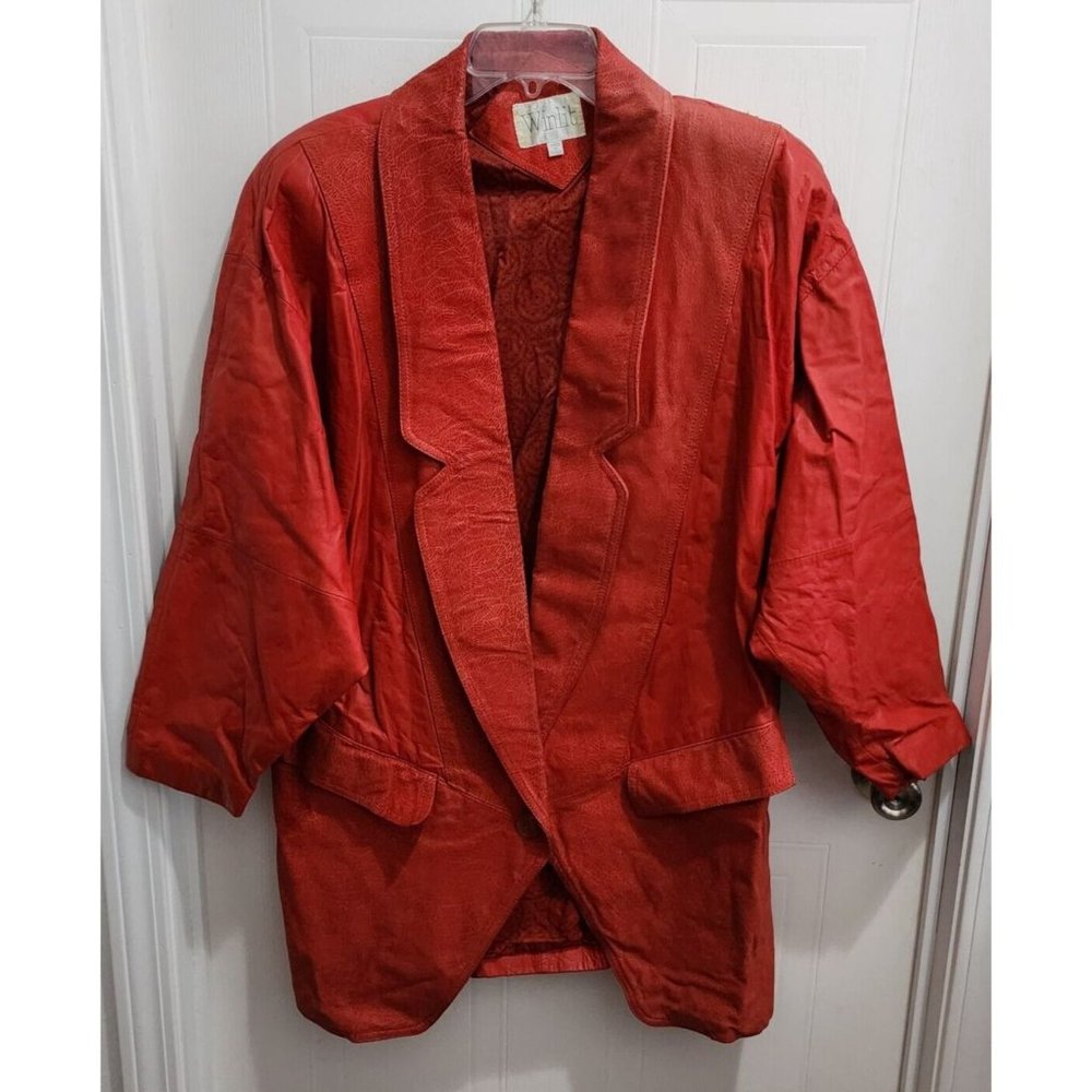 Vintage Winlit Women's 1 Button Long Blazer Jacket Genuine Leather Red Sz Large